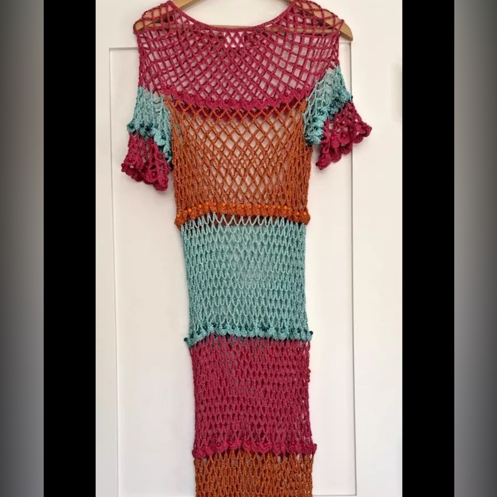 TACH Crocheted Maxi Dress Bright Colors Beads Divide Layers Metallic Threads
